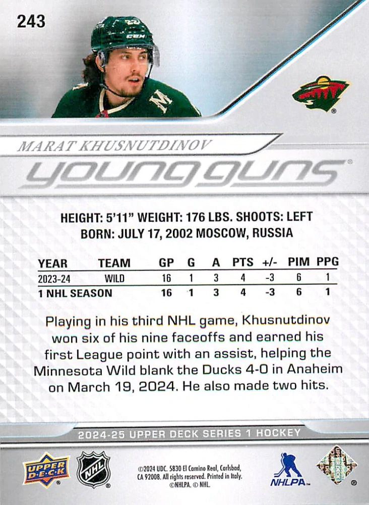 2024-25 UD Series 1 - Marat Khusnutdinov - Young Guns #243