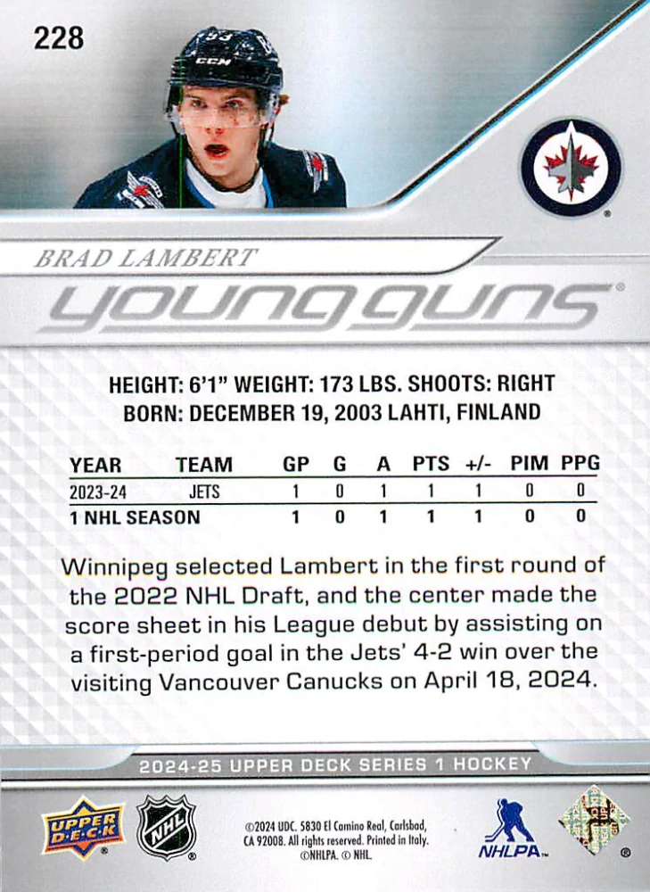 2024-25 UD Series 1 - Brad Lambert - Young Guns #228