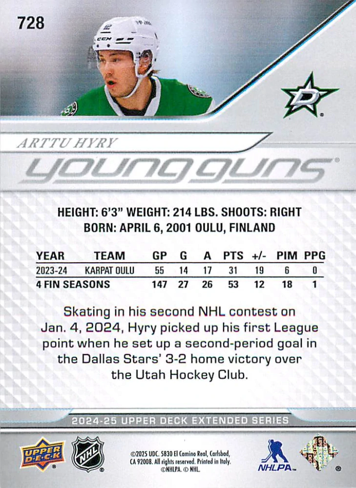 2024-25 UD Extended Series - Arttu Hyry - Young Guns #728
