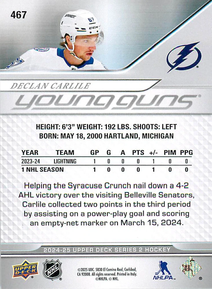 2024-25 UD Series 2 - Declan Carlile - Young Guns #467