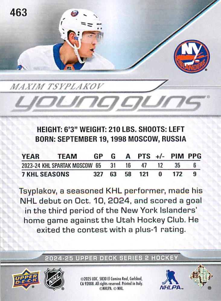 2024-25 UD Series 2 - Maxim Tsyplakov - Young Guns #463