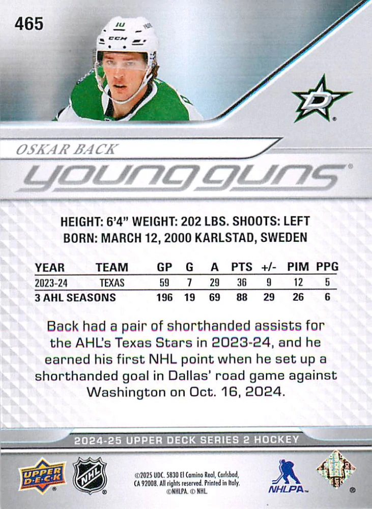 2024-25 UD Series 2 - Oskar Back - Young Guns #465