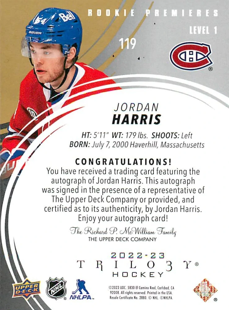 2022-23 UD Trilogy - Jordan Harris - Rookie Premieres Gold Autographs /449 #119