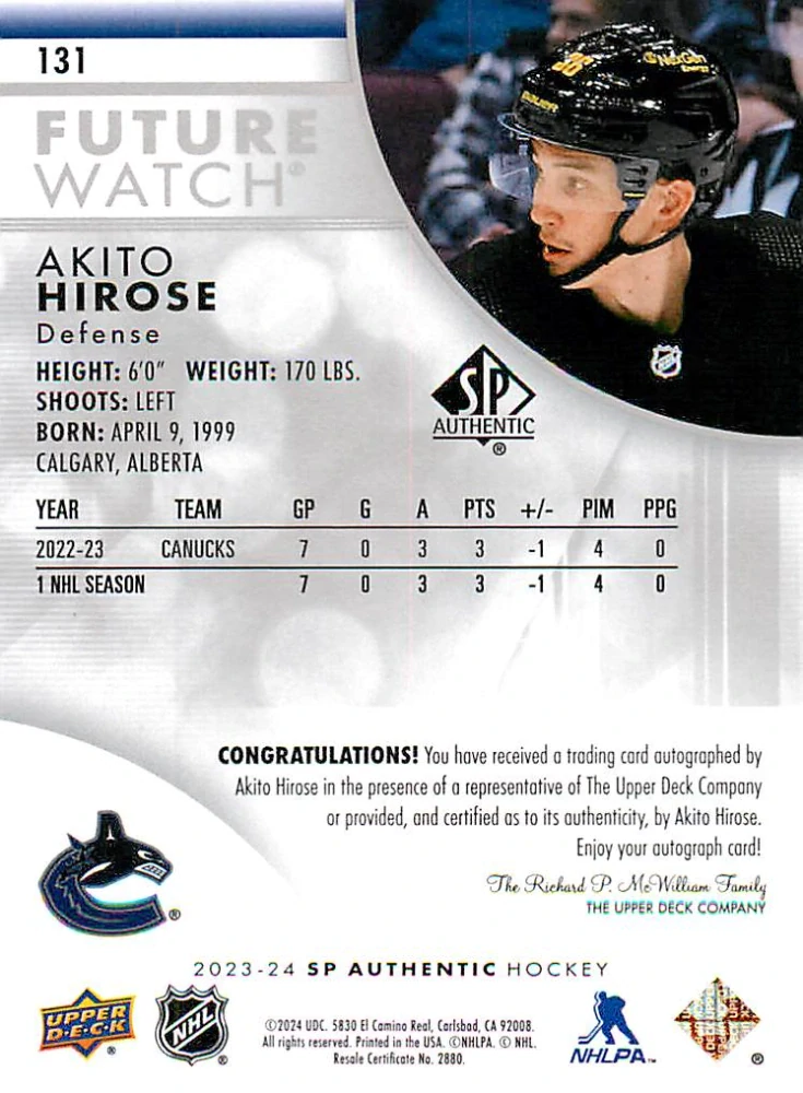 2023-24 UD SP Authentic - Akito Hirose - Future Watch Autograph /999 #131