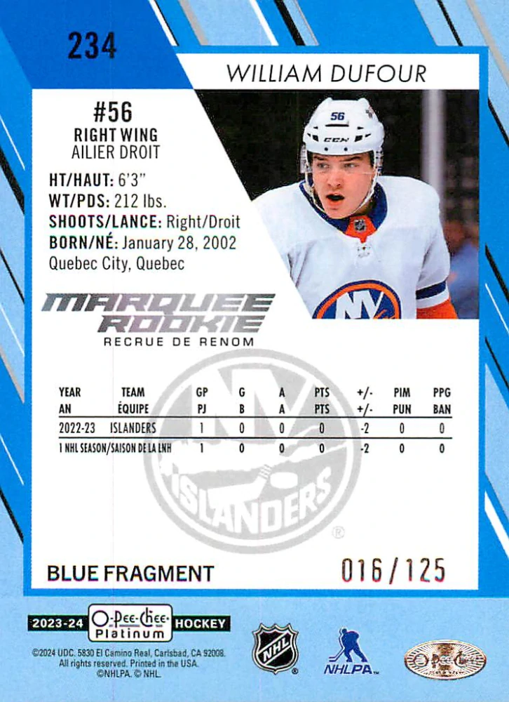 2023-24 UD O-Pee-Chee Platinum - William Dufour - Marquee Rookie Blue Fragments /125 #234