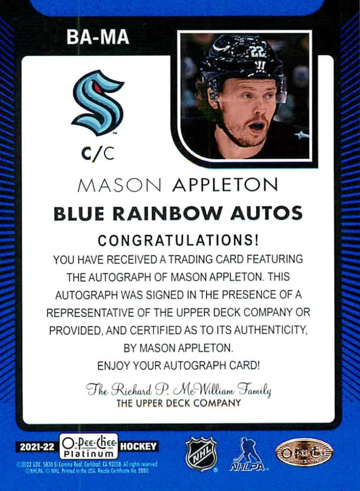 2021-22 UD O-Pee-Chee Platinum - Mason Appleton - Blue Rainbow Autos #BA-MA