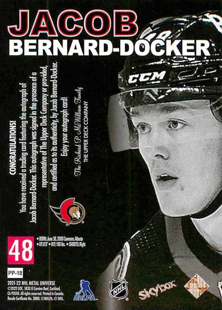 2021-22 UD Skybox Metal Universe - Jacob Bernard-Docker - Premium Rookie Auto #PP-18