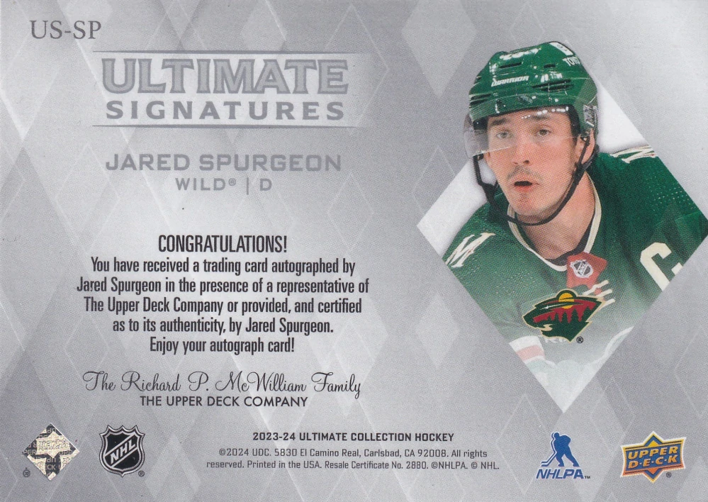 2023-24 UD Ultimate Collection - Jared Spurgeon - Ultimate Signatures #US-SP
