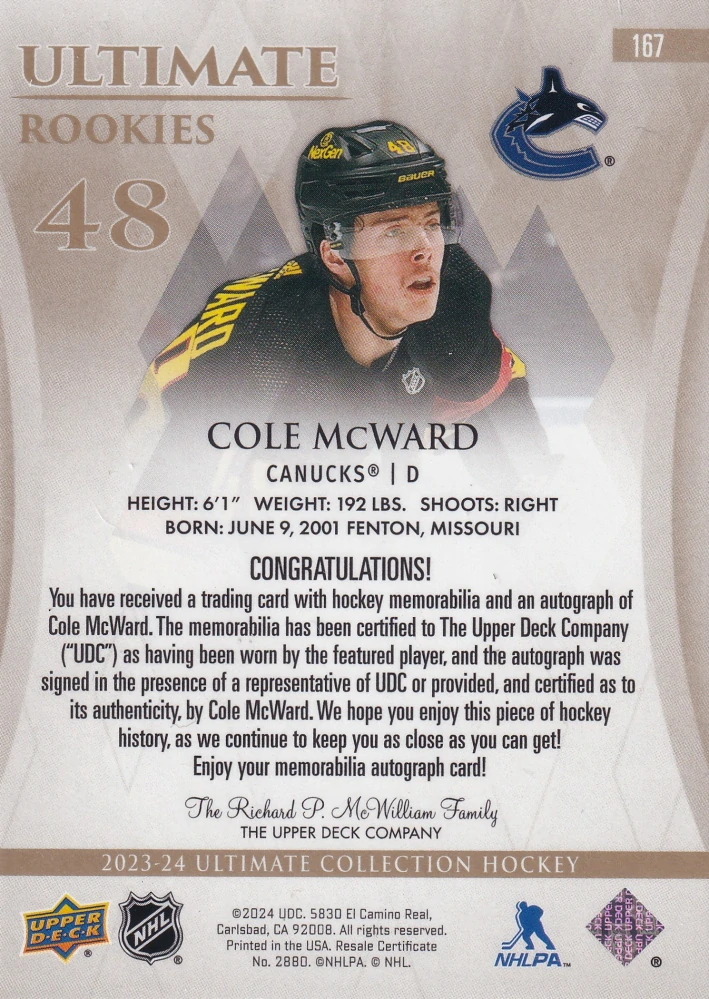 2023-24 UD Ultimate Collection - Cole McWard - Ultimate Rookies Autographs Patch /99 #167