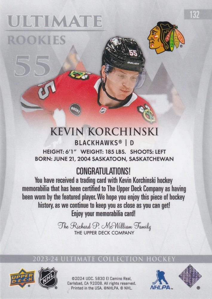 2023-24 UD Ultimate Collection - Kevin Korchinski - Ultimate Rookies Jersey /599 #132