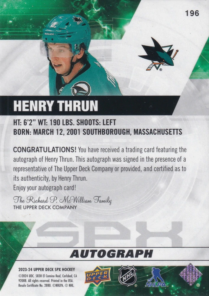2023-24 UD SPx - Henry Thrun - Rookies Autograph #196
