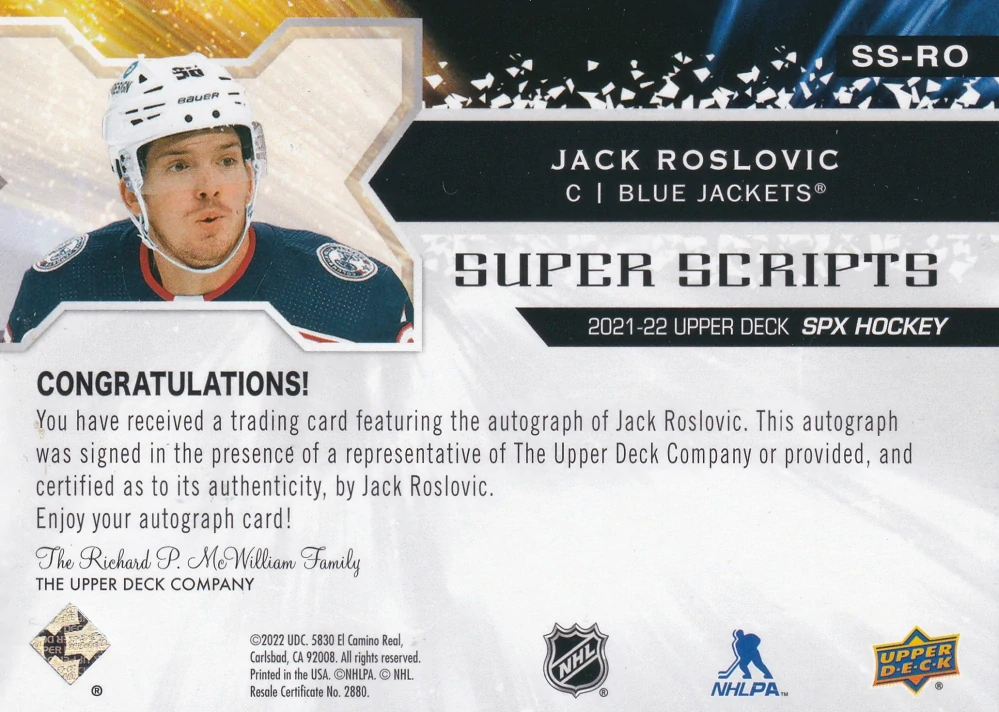 2021-22 UD SPx - Jack Roslovic - Super Scripts #SS-RO