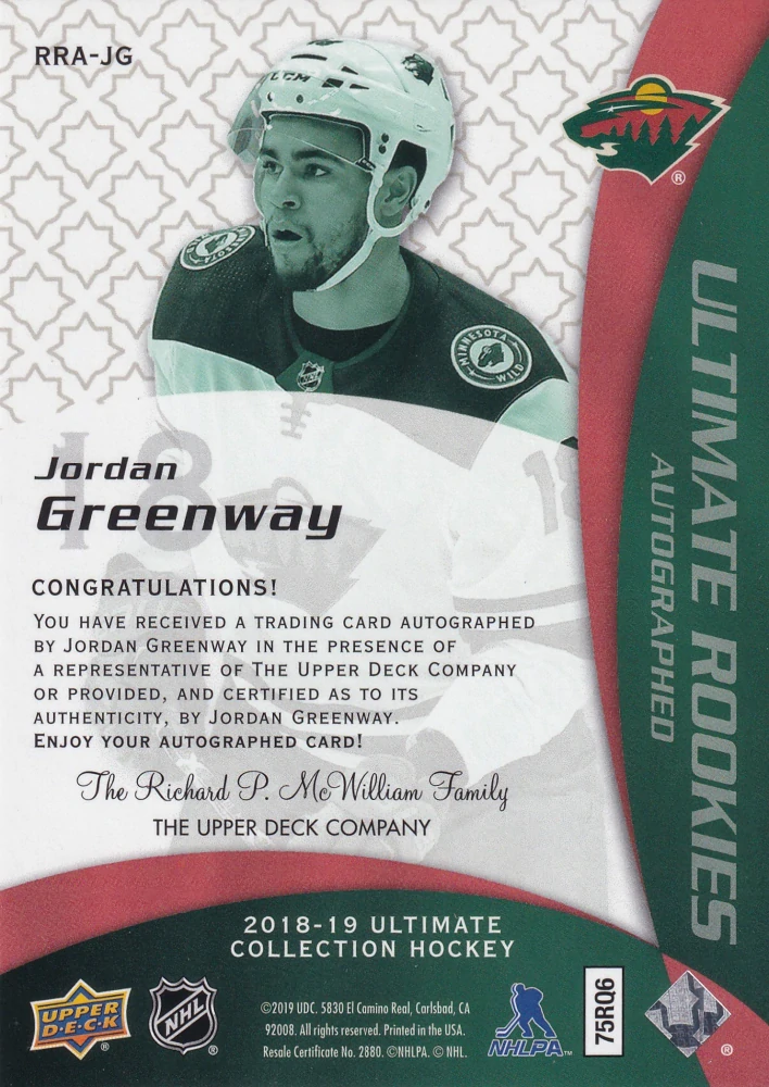 2018-19 UD Ultimate Collection - Jordan Greenway - Ultimate Rookies Autographed /175 #RRA-JG