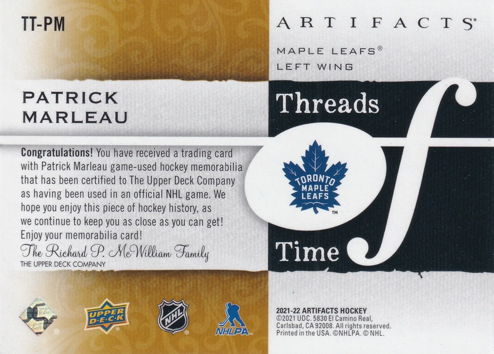 2021-22 UD Artifacts - Patrick Marleau - Threads Of Time #TT-PM