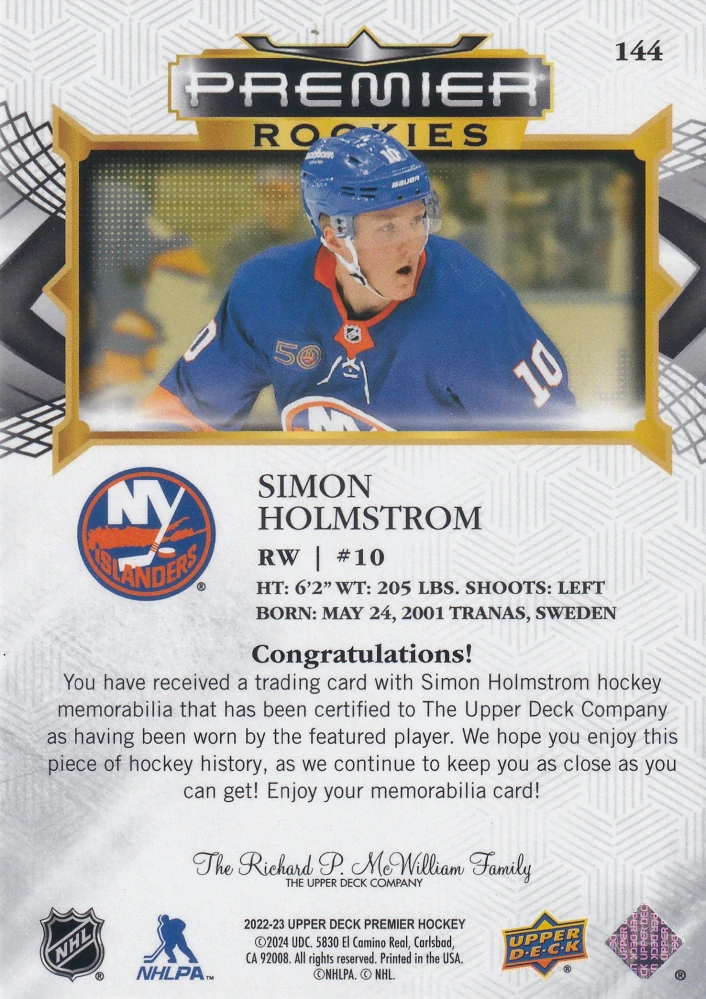 2022-23 UD Premier - Simon Holmstrom - Premier Rookies Jersey #144