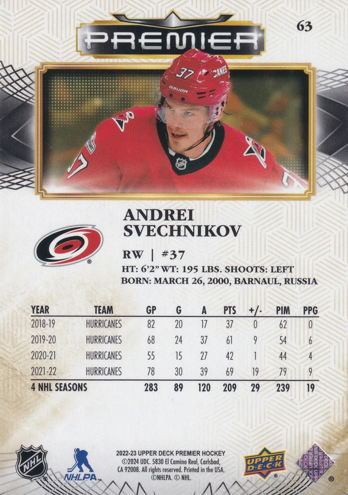 2022-23 UD Premier - Andrei Svechnikov - Premier Gold /65 #63