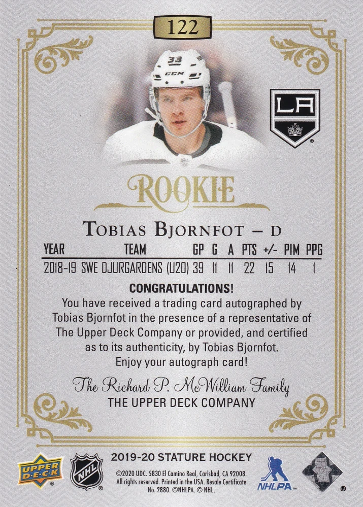 2019-20 UD Stature - Tobias Bjornfot - Rookie Autographs /199 #122