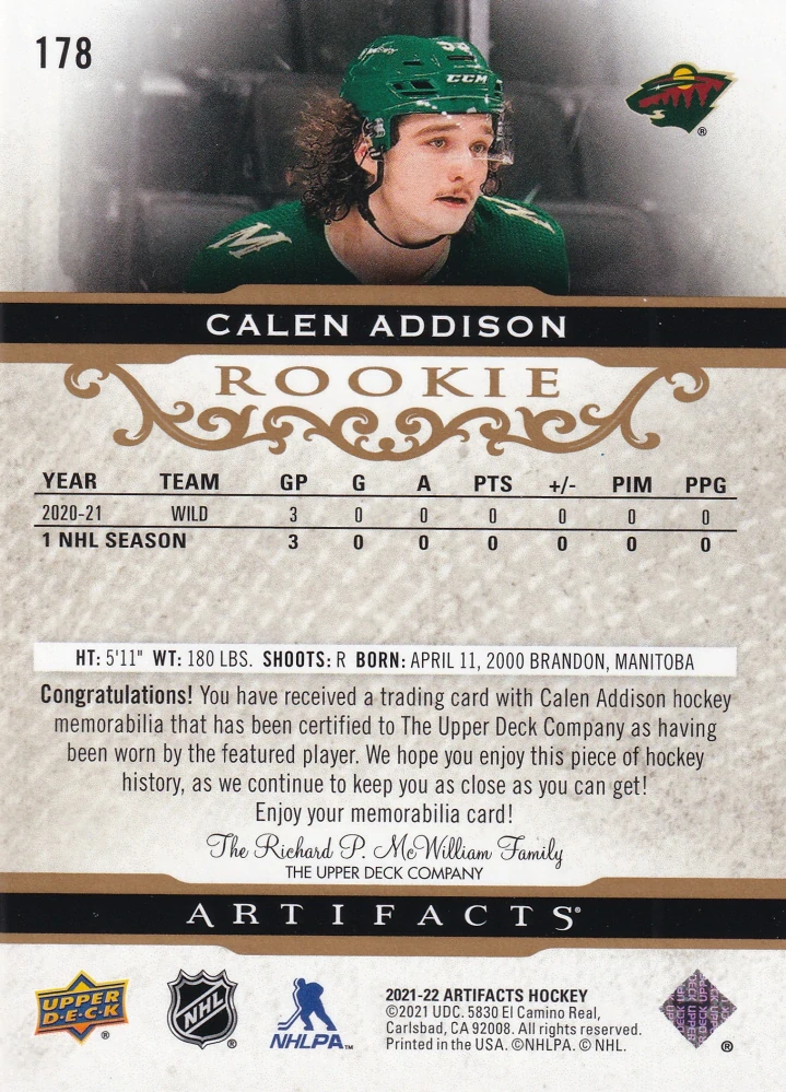 2021-22 UD Artifacts - Calen Addison - Gold Material Relics /799 #178