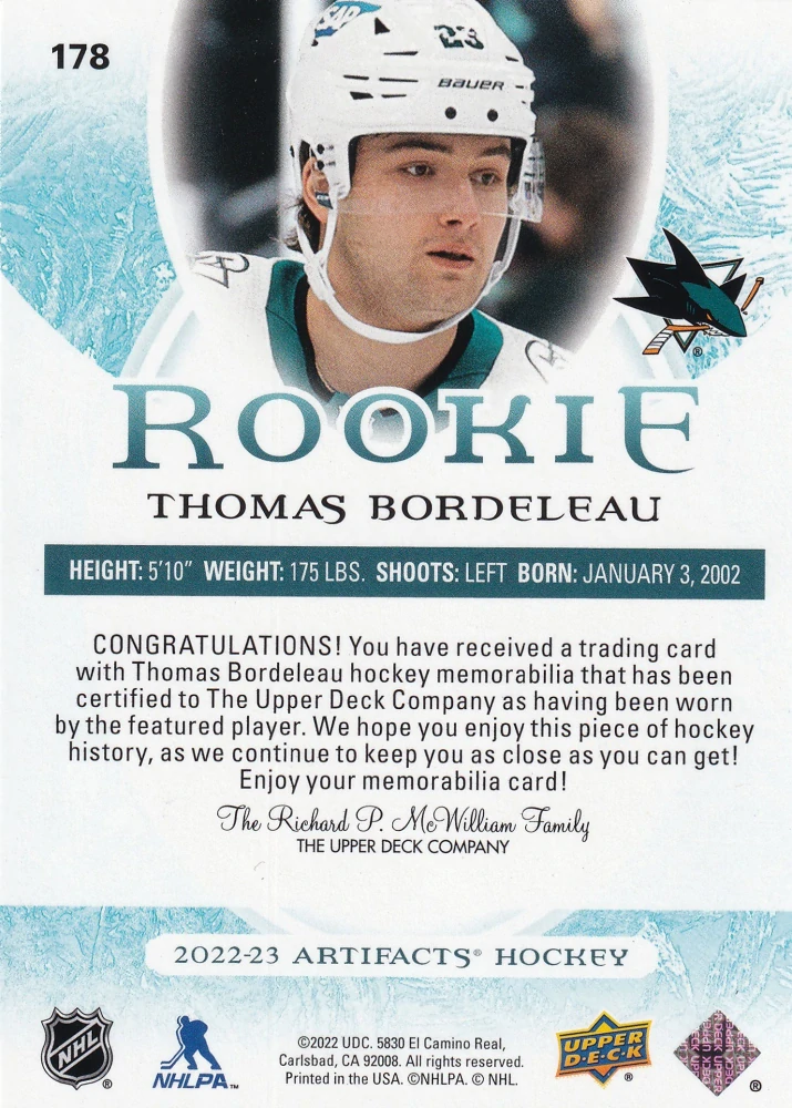 2022-23 UD Artifacts - Thomas Bordeleau - Rookie Gold Material Relic /599 #178
