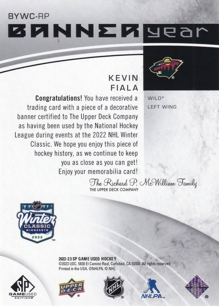 2022-23 UD SP Game Used - Kevin Fiala - Winter Classic Banner Year #BYWC-RP