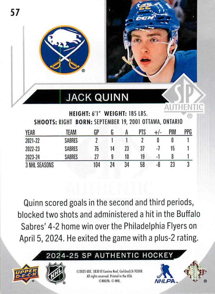 2024-25 UD SP Authentic - Jack Quinn #57