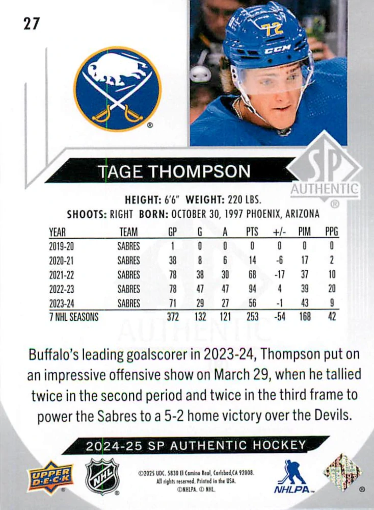 2024-25 UD SP Authentic - Tage Thompson #27