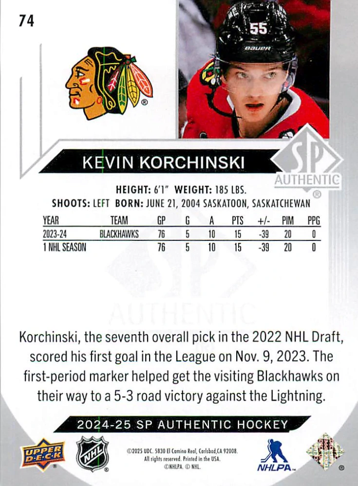 2024-25 UD SP Authentic - Kevin Korchinski #74