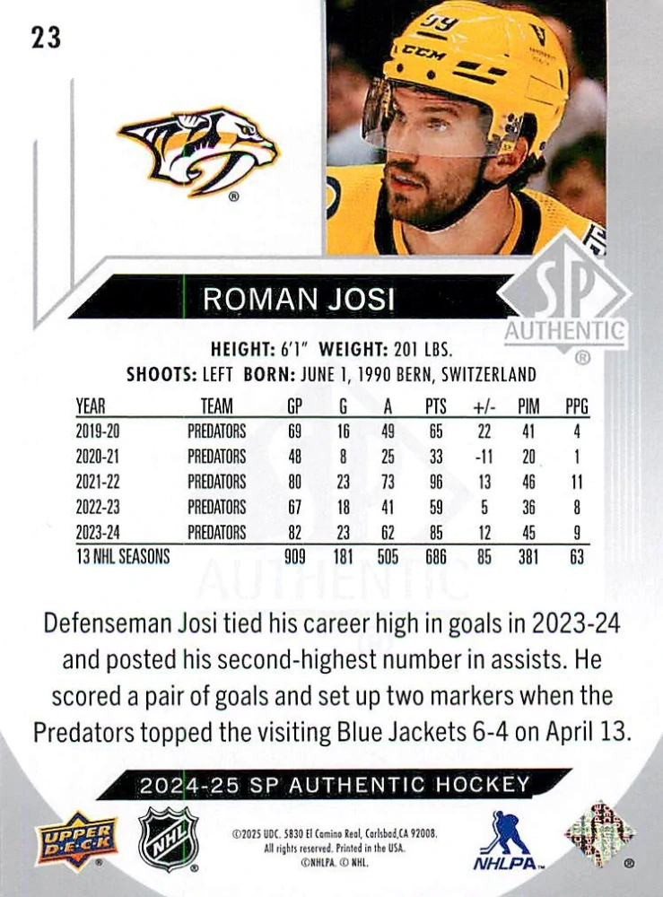 2024-25 UD SP Authentic - Roman Josi #23