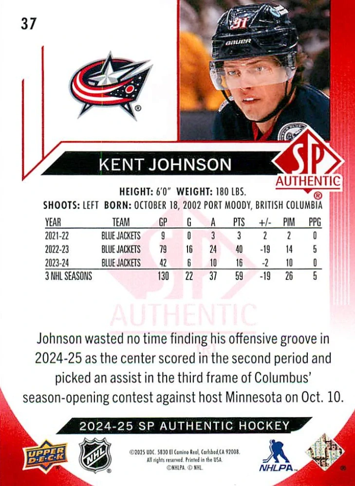 2024-25 UD SP Authentic - Kent Johnson - Limited Red #37
