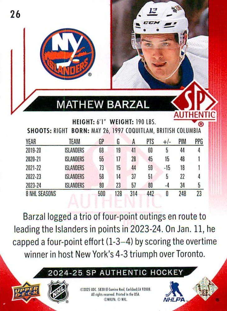 2024-25 UD SP Authentic - Mathew Barzal - Limited Red #26