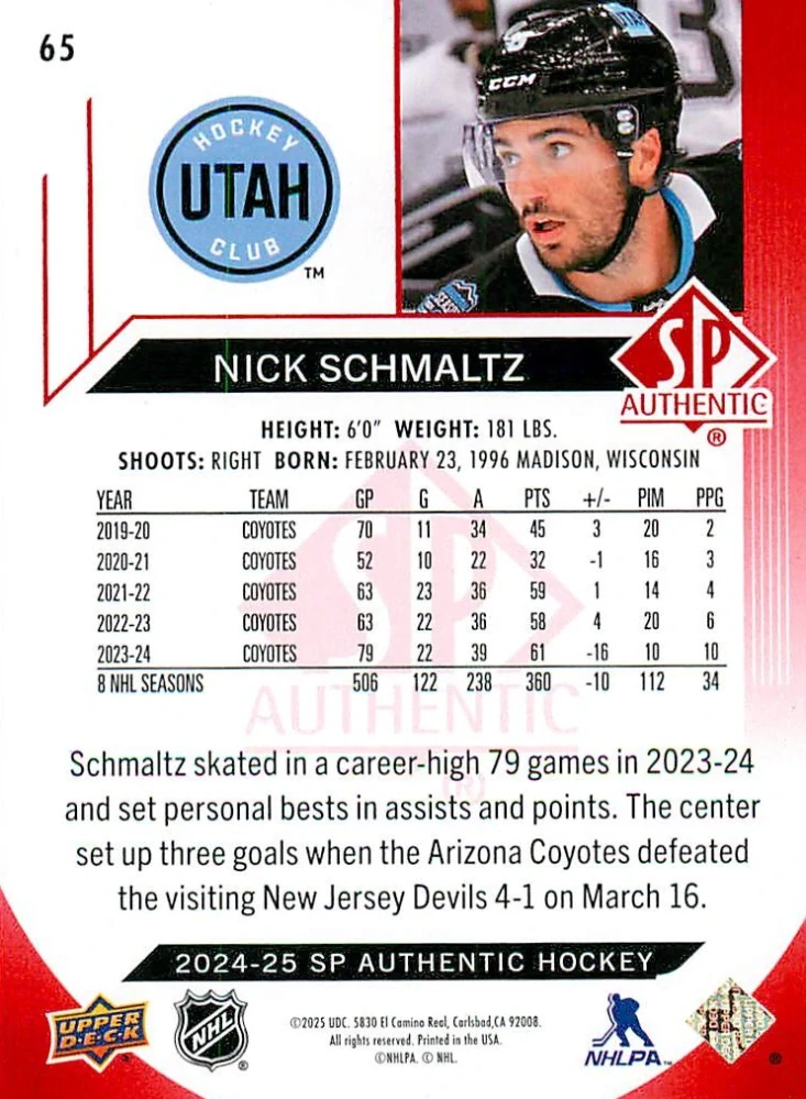 2024-25 UD SP Authentic - Nick Schmaltz - Limited Red #65
