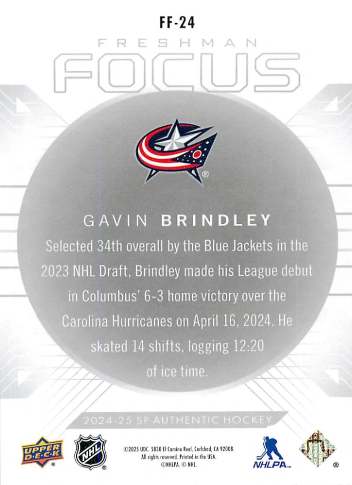 2024-25 UD SP Authentic - Gavin Brindley - Freshman Focus #FF-24