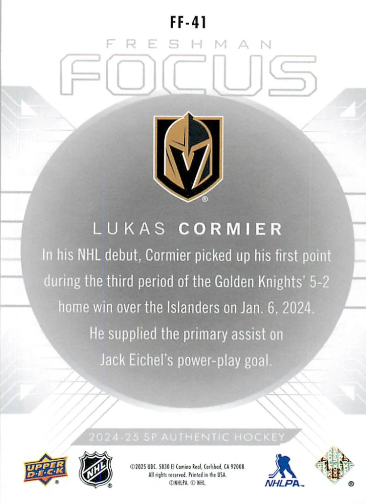 2024-25 UD SP Authentic - Lukas Cormier - Freshman Focus #FF-41