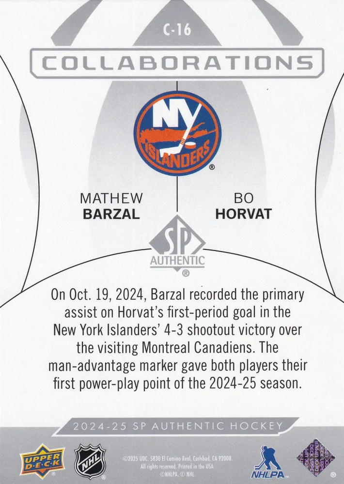 2024-25 UD SP Authentic - Mathew Barzal, Bo Horvat - Collaborations #C-16