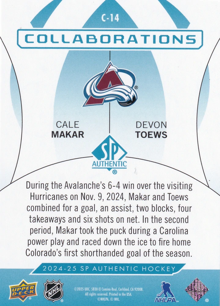 2024-25 UD SP Authentic - Cale Makar, Devon Toews - Collaborations Blue #C-14