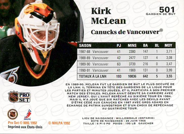 1991-92 Pro Set - Kirk McLean #501