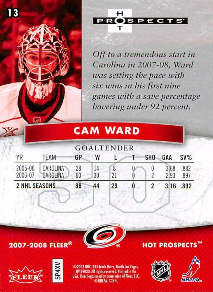 2007-08 Fleer Hot Prospects - Cam Ward #13