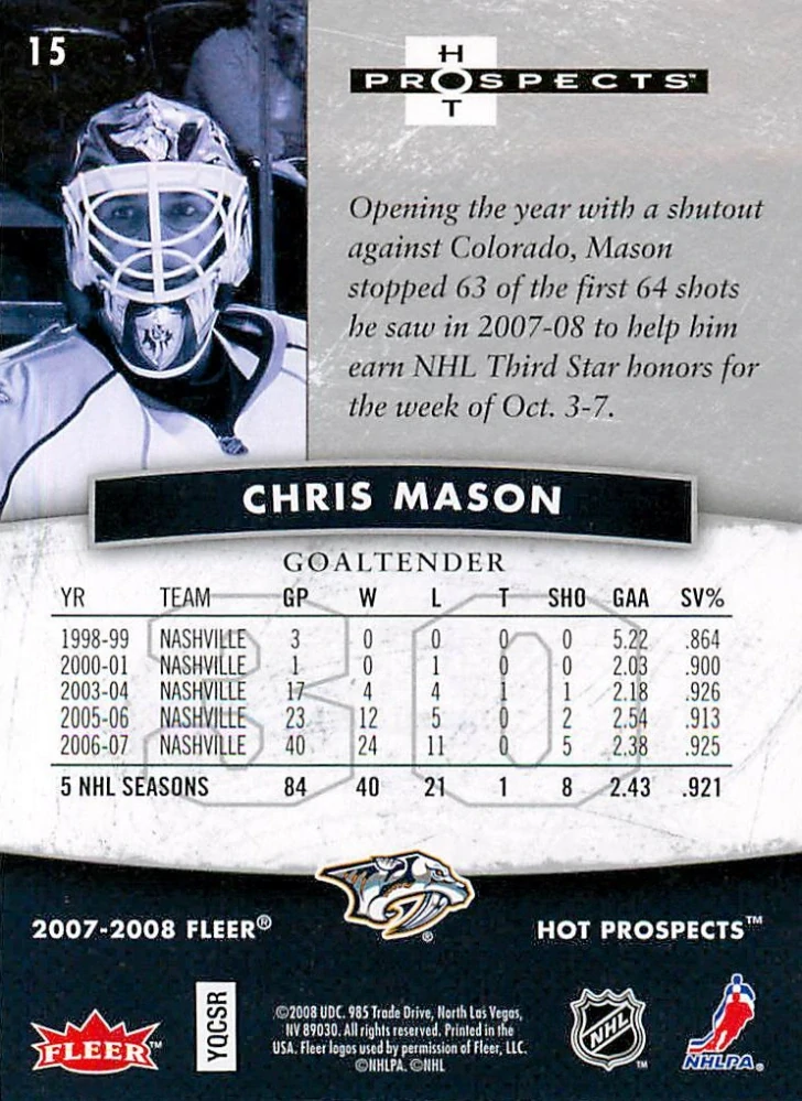 2007-08 Fleer Hot Prospects - Chris Mason #15
