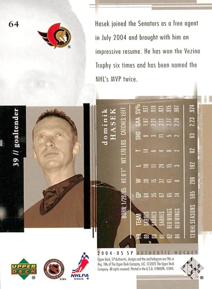 2004-05 UD SP Authentic - Dominik Hašek #64