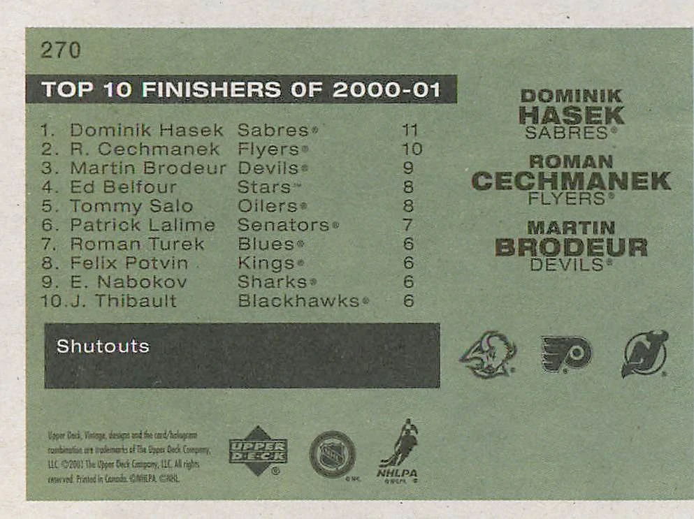 2001-02 UD Vintage - Dominik Hašek, Roman Čechmánek, Martin Brodeur - Statistical Superiors #270