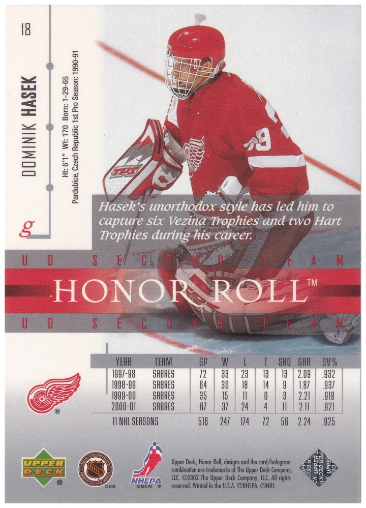 2001-02 UD Honor Roll - Dominik Hašek #18