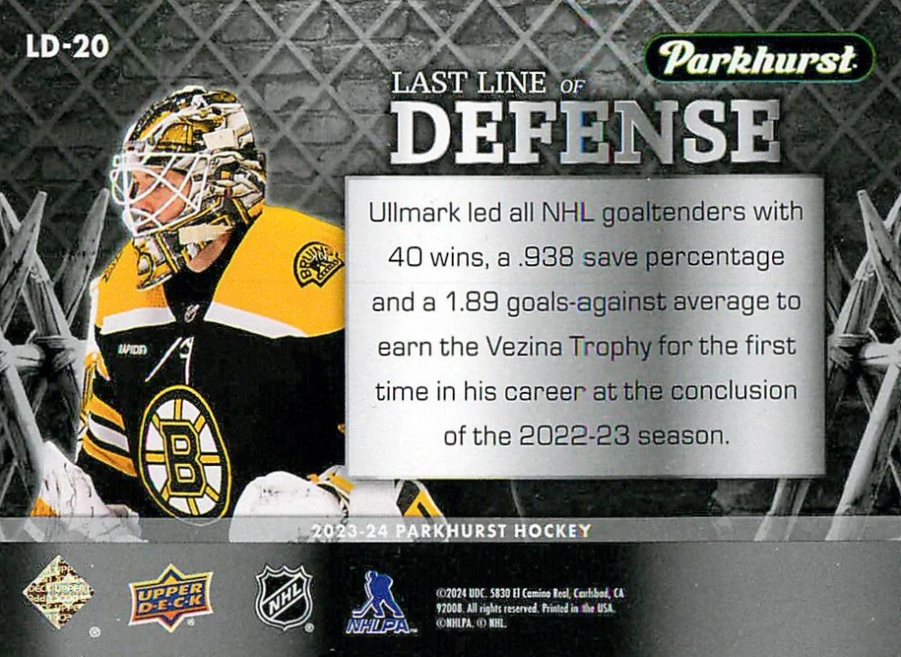 2023-24 UD Parkhurst - Linus Ullmark - Last Line Of Defense #LD-20