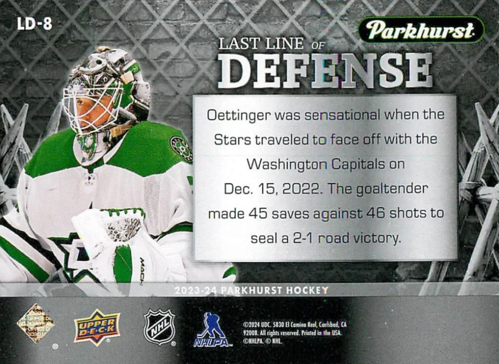2023-24 UD Parkhurst - Jake Oettinger - Last Line Of Defense #LD-8