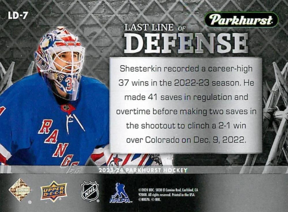 2023-24 UD Parkhurst - Igor Shesterkin - Last Line Of Defense #LD-7