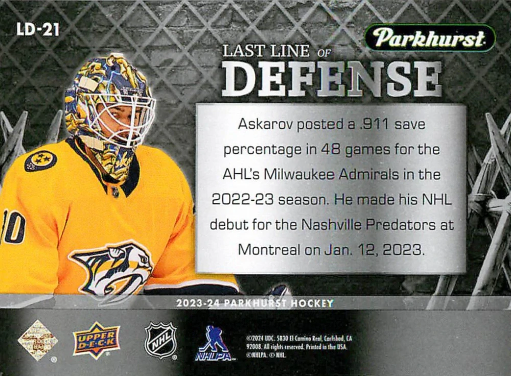 2023-24 UD Parkhurst - Yaroslav Askarov - Last Line Of Defense #LD-21