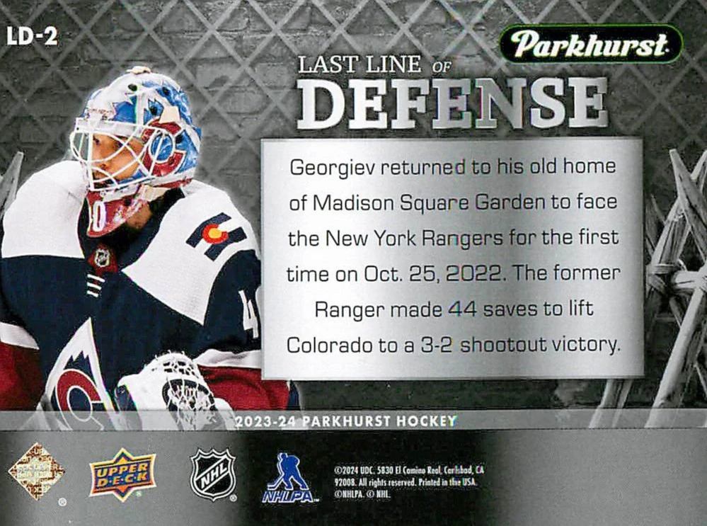 2023-24 UD Parkhurst - Alexandar Georgiev - Last Line Of Defense #LD-2
