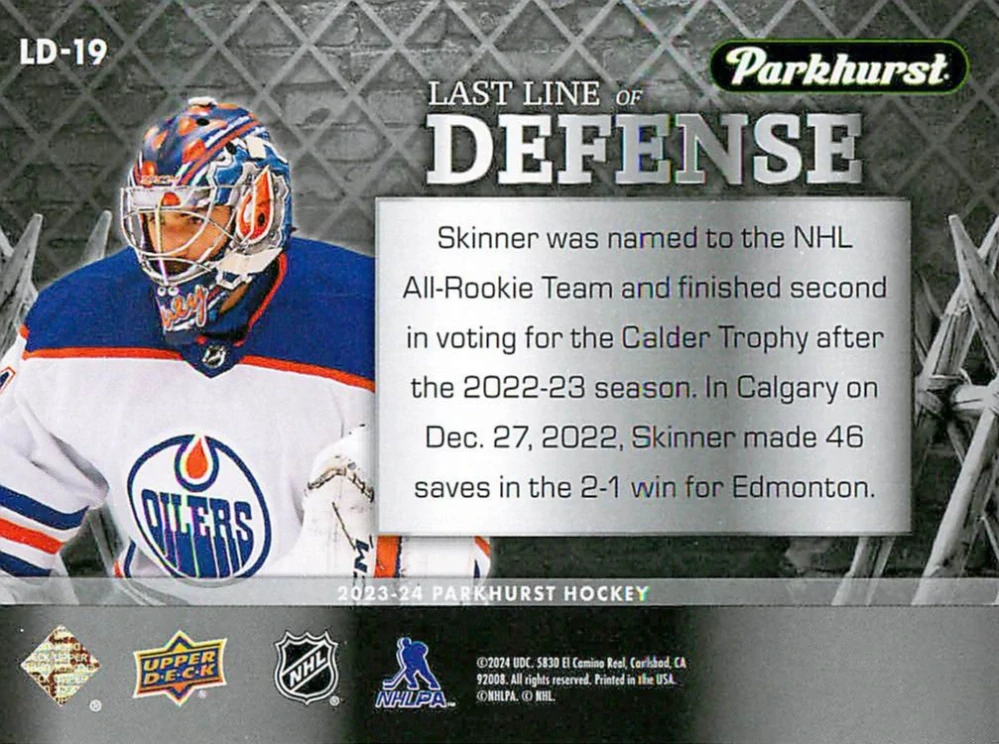 2023-24 UD Parkhurst - Stuart Skinner - Last Line Of Defense #LD-19