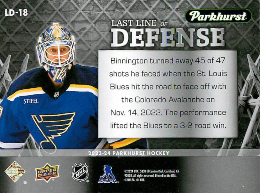 2023-24 UD Parkhurst - Jordan Binnington - Last Line Of Defense #LD-18