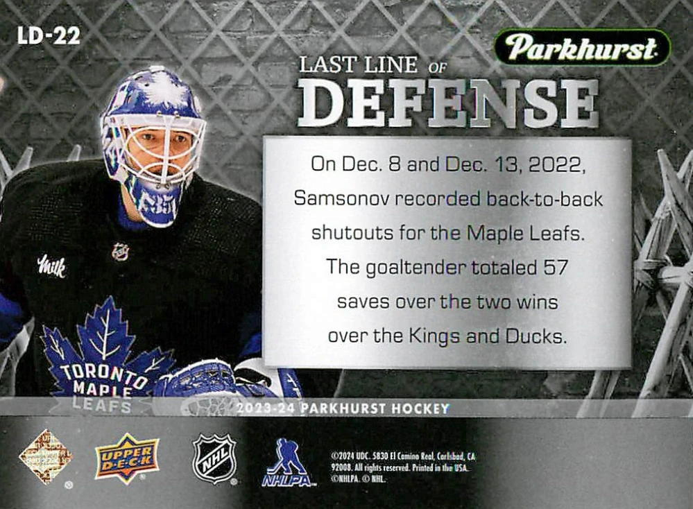 2023-24 UD Parkhurst - Ilya Samsonov - Last Line Of Defense #LD-22