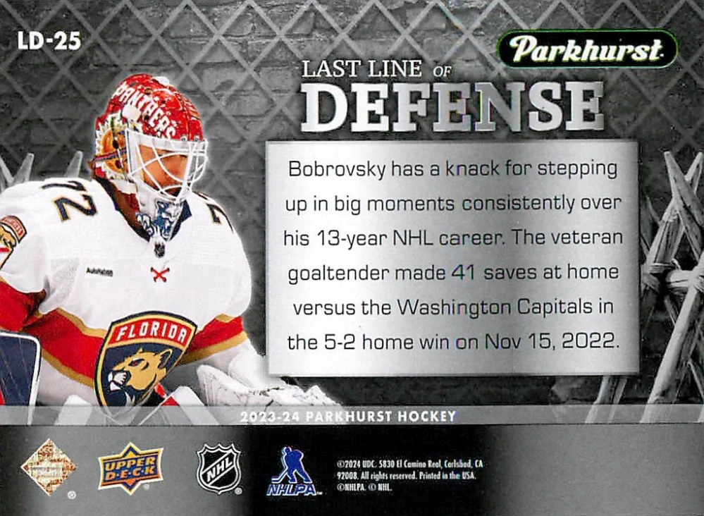 2023-24 UD Parkhurst - Sergei Bobrovsky - Last Line Of Defense #LD-15